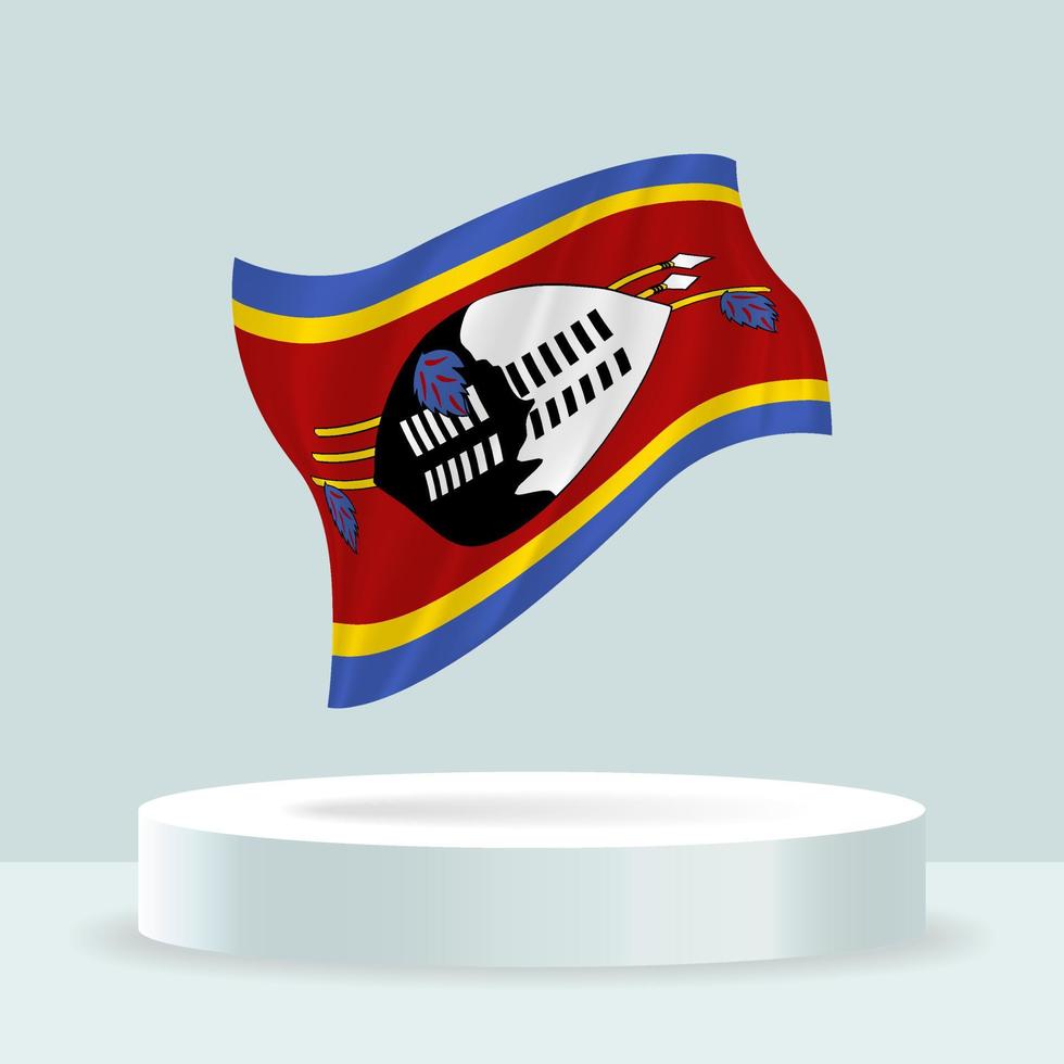 Eswatini flag. 3d rendering of the flag displayed on the stand. Waving flag in modern pastel colors. Flag drawing, shading and color on separate layers, neatly in groups for easy editing. vector