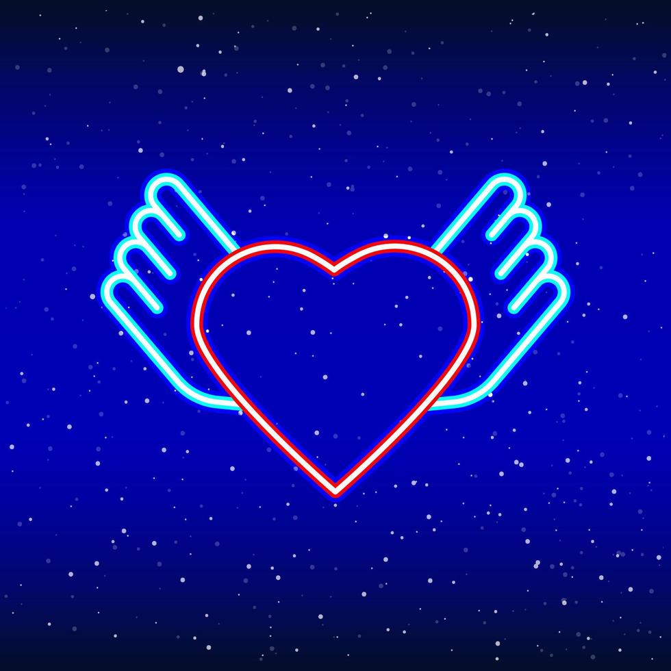 Wings from neon heart. Backlit planet neon sign. Retro red neon heart sign. Romantic design for Happy Valentine's Day. Night light advertisement. Vector industry.