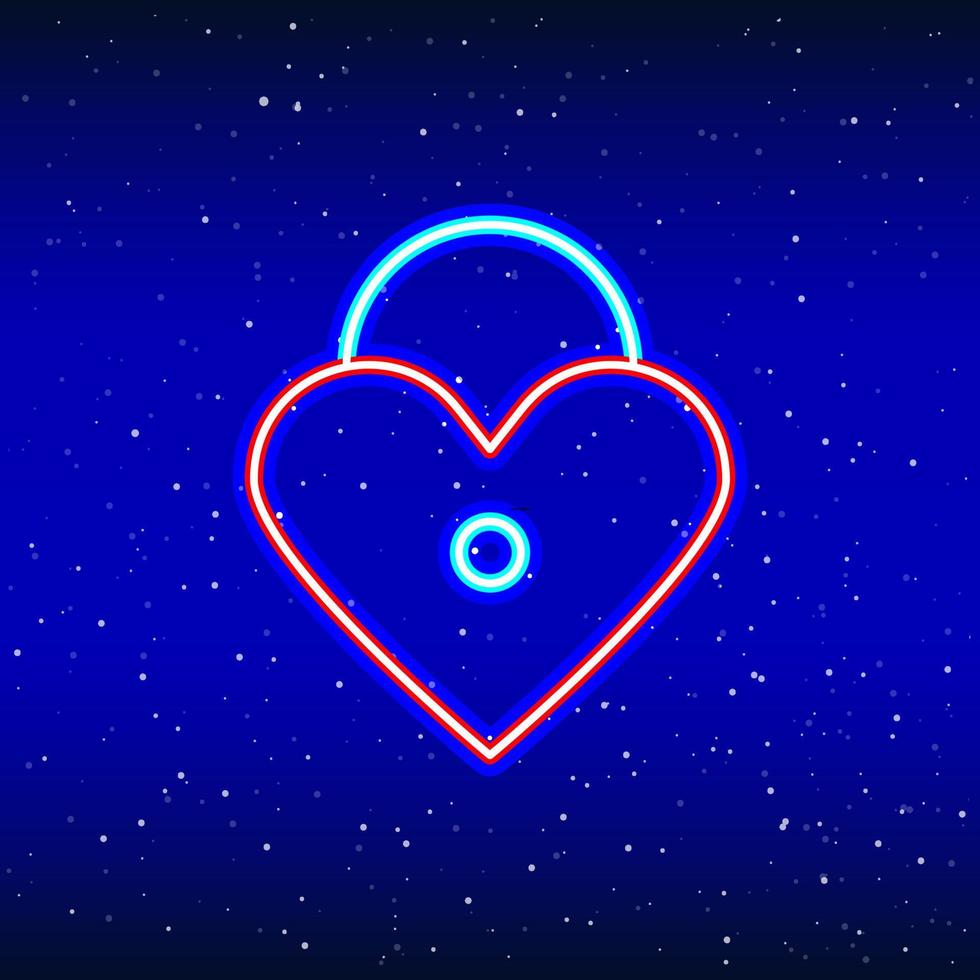 Neon heart lock. Backlit planet neon sign. Retro red neon heart sign. Romantic design for Happy Valentine's Day. Night light advertisement. Vector industry.