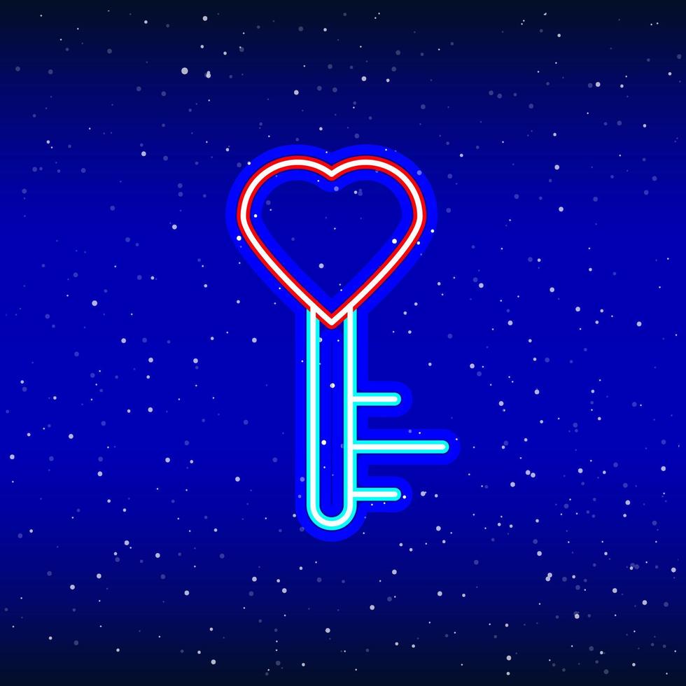 Neon heart key. Backlit planet neon sign. Retro red neon heart sign. Romantic design for Happy Valentine's Day. Night light advertisement. Vector industry.