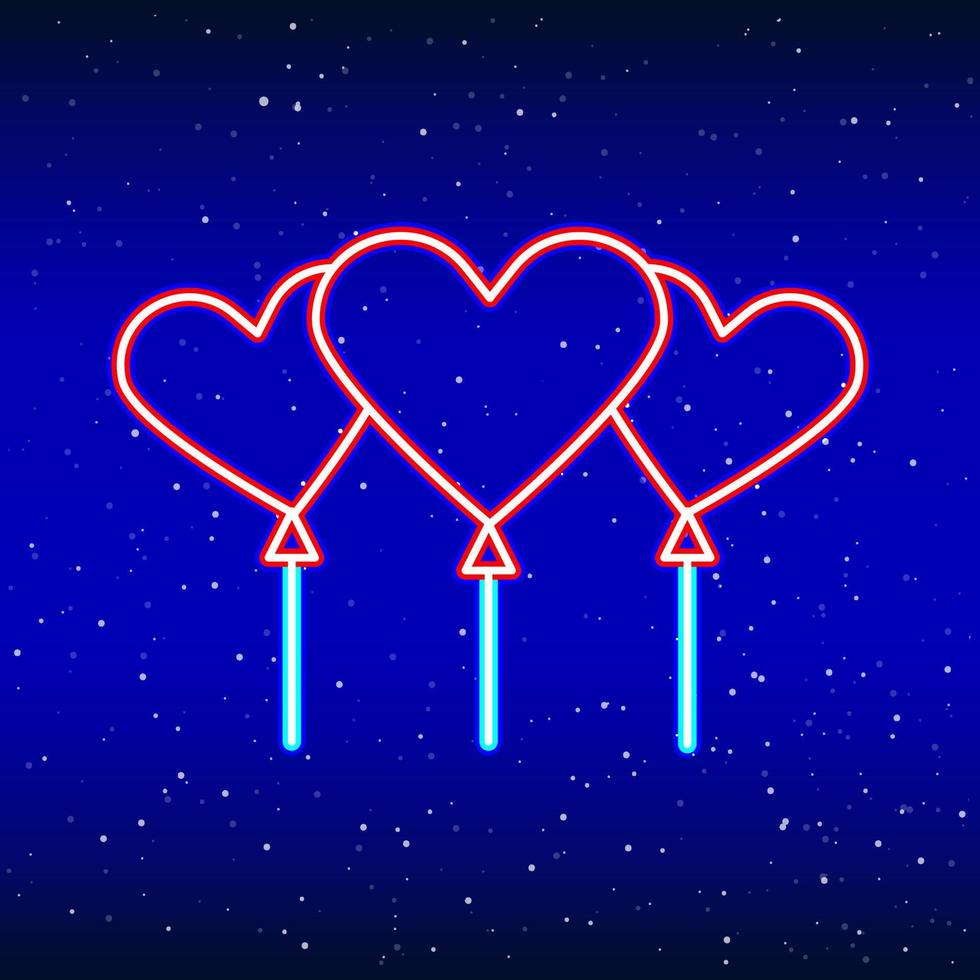 Neon heart balloons. Backlit planet neon sign. Retro red neon heart sign. Romantic design for Happy Valentine's Day. Night light advertisement. Vector industry.