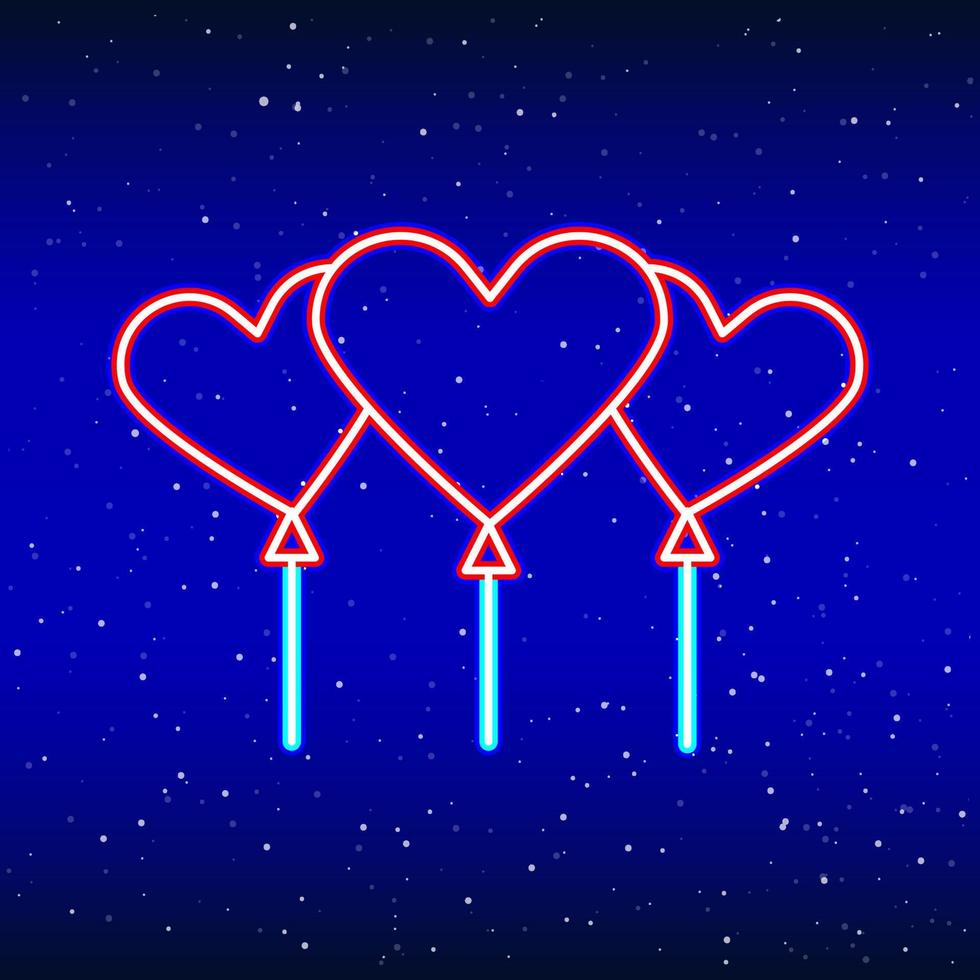 Neon heart balloons. Backlit planet neon sign. Retro red neon heart sign. Romantic design for Happy Valentine's Day. Night light advertisement. Vector industry.