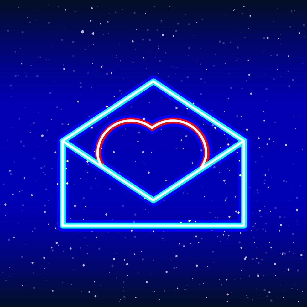 Letter envelope with neon heart. Backlit planet neon sign. Retro red neon heart sign. Romantic design for Happy Valentine's Day. Night light advertisement. Vector industry.