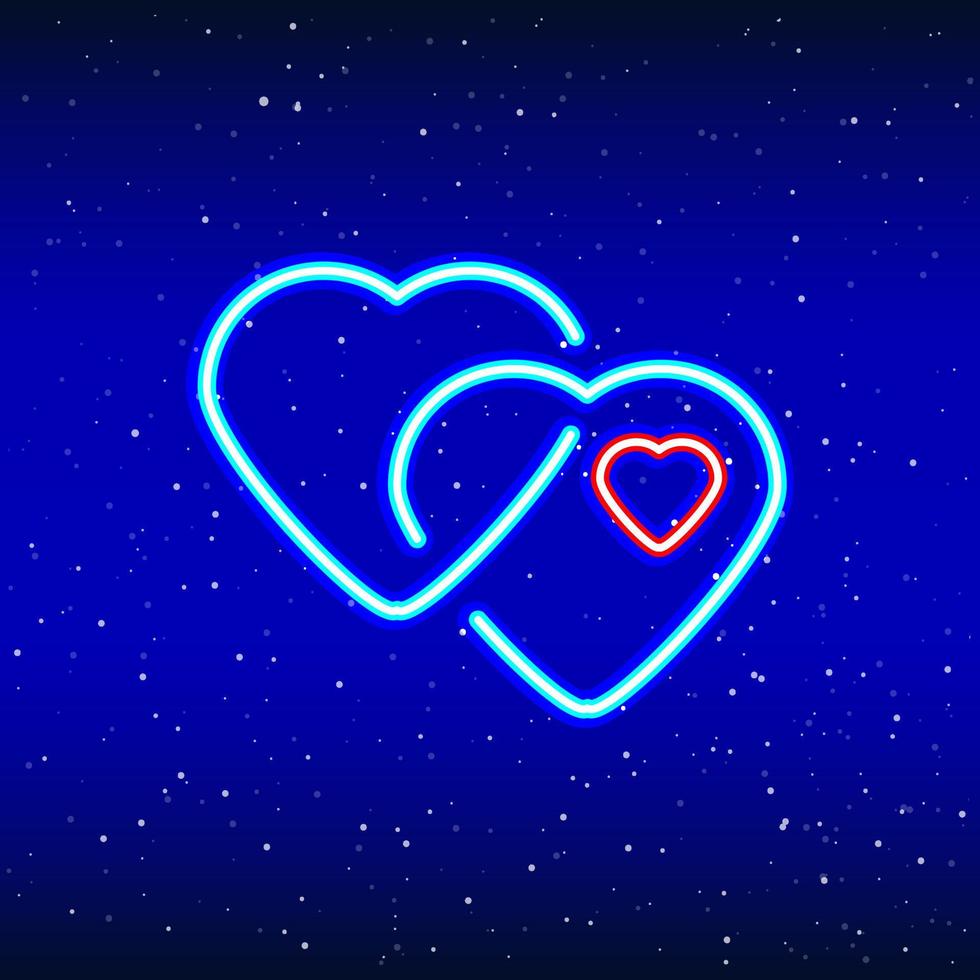 Neon intertwining hearts. Backlit planet neon sign. Retro red neon heart sign. Romantic design for Happy Valentine's Day. Night lamp advertising. Vector industry.