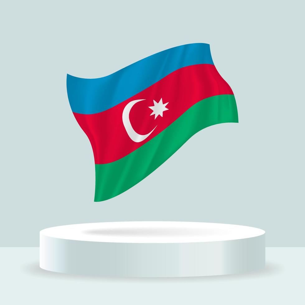 bandera de azerbaiyán. Representación 3d de la bandera que se muestra en el stand. bandera ondeante en colores pastel modernos. dibujo de banderas, sombreado y color en capas separadas, ordenadamente en grupos para facilitar la edición. vector