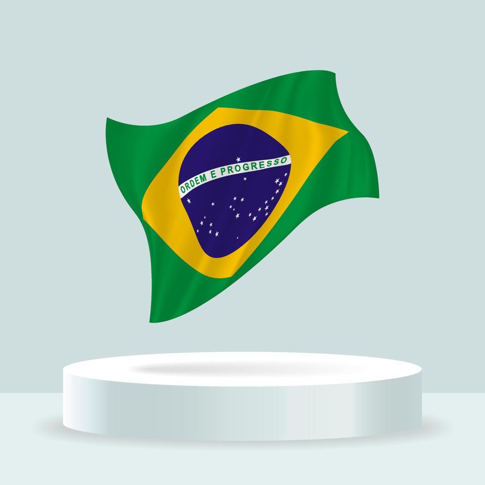 Brazil flag. 3d rendering of the flag displayed on the stand. Waving flag in modern pastel colors. Flag drawing, shading and color on separate layers, neatly in groups for easy editing. vector