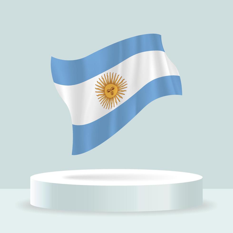 Argentina flag. 3d rendering of the flag displayed on the stand. Waving flag in modern pastel colors. Flag drawing, shading and color on separate layers, neatly in groups for easy editing. vector