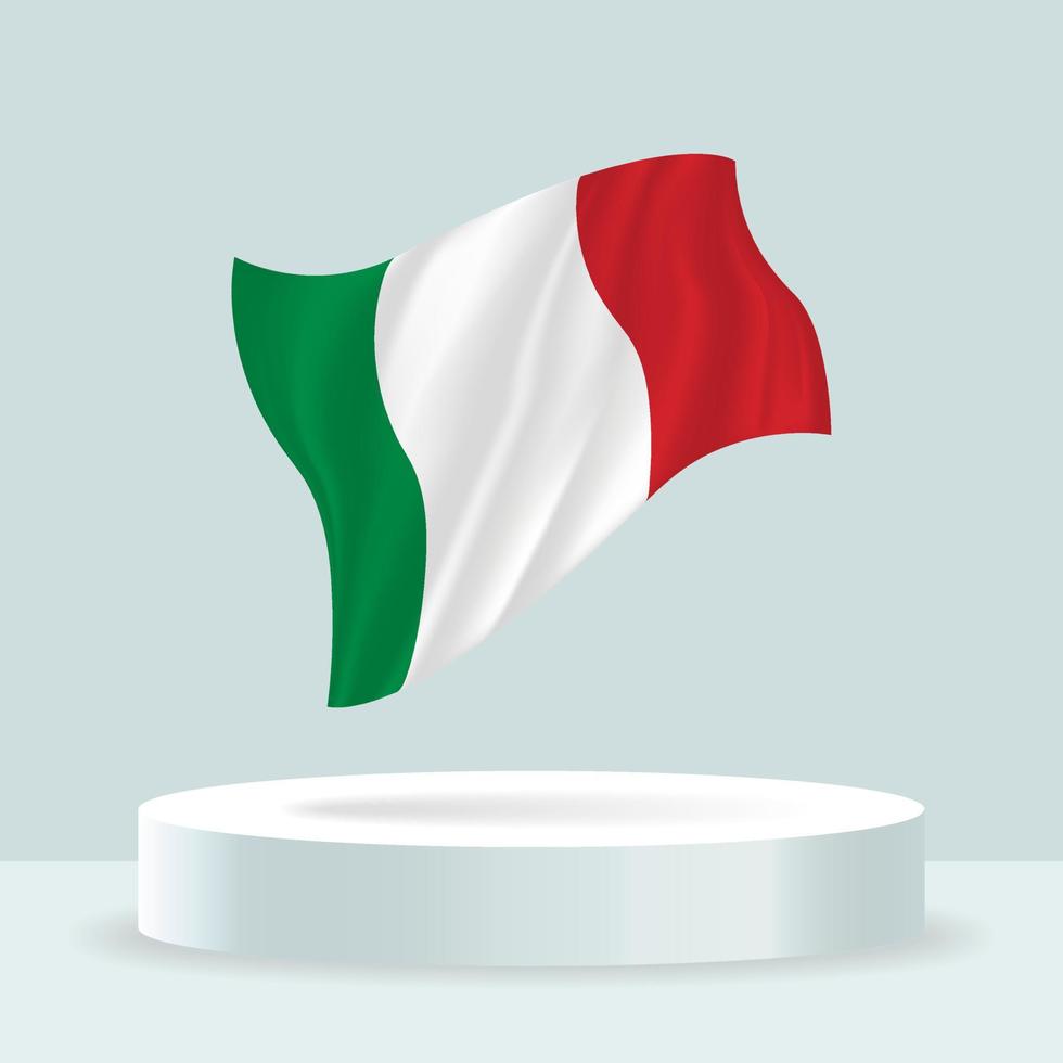 bandera de italia Representación 3d de la bandera que se muestra en el stand. bandera ondeante en colores pastel modernos. dibujo de banderas, sombreado y color en capas separadas, ordenadamente en grupos para facilitar la edición. vector