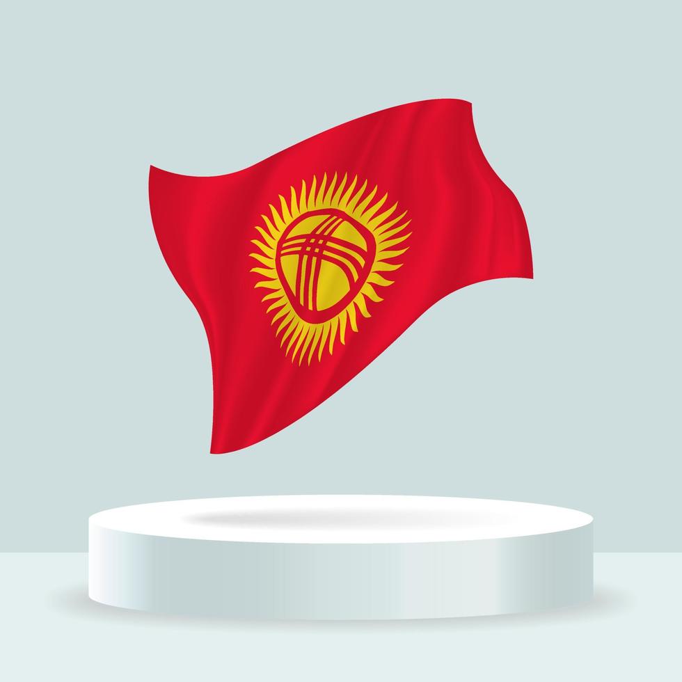 Kyrgyzstan flag. 3d rendering of the flag displayed on the stand. Waving flag in modern pastel colors. Flag drawing, shading and color on separate layers, neatly in groups for easy editing. vector