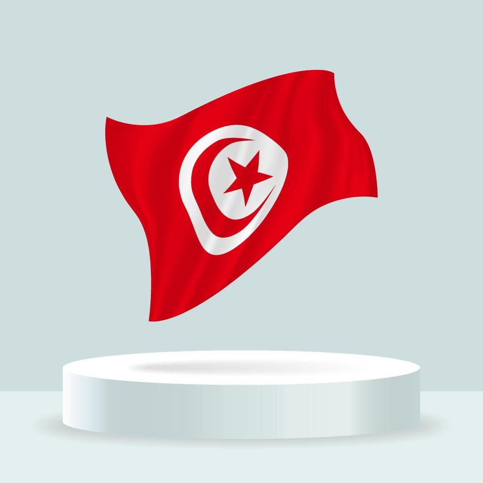 Tunisia flag. 3d rendering of the flag displayed on the stand. Waving flag in modern pastel colors. Flag drawing, shading and color on separate layers, neatly in groups for easy editing. vector