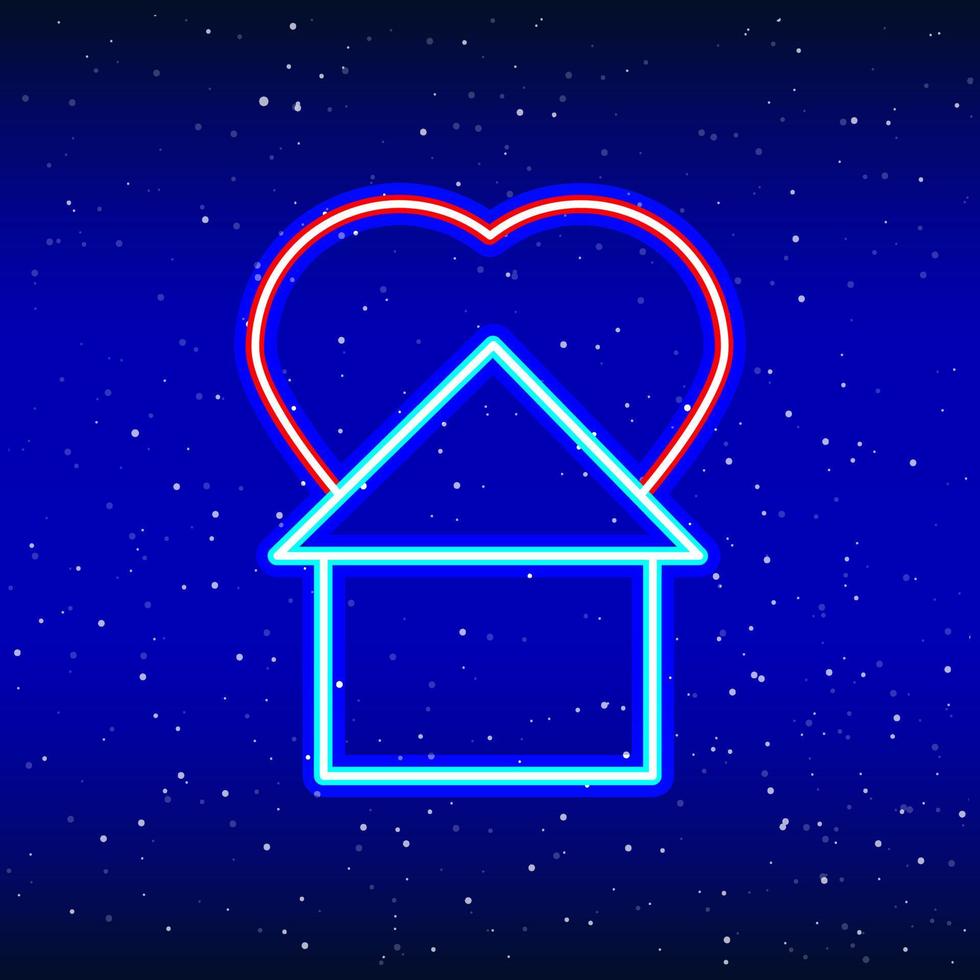 House of happiness from neon heart. Backlit planet neon sign. Retro red neon heart sign. Romantic design for Happy Valentine's Day. Night light advertisement. Vector industry.