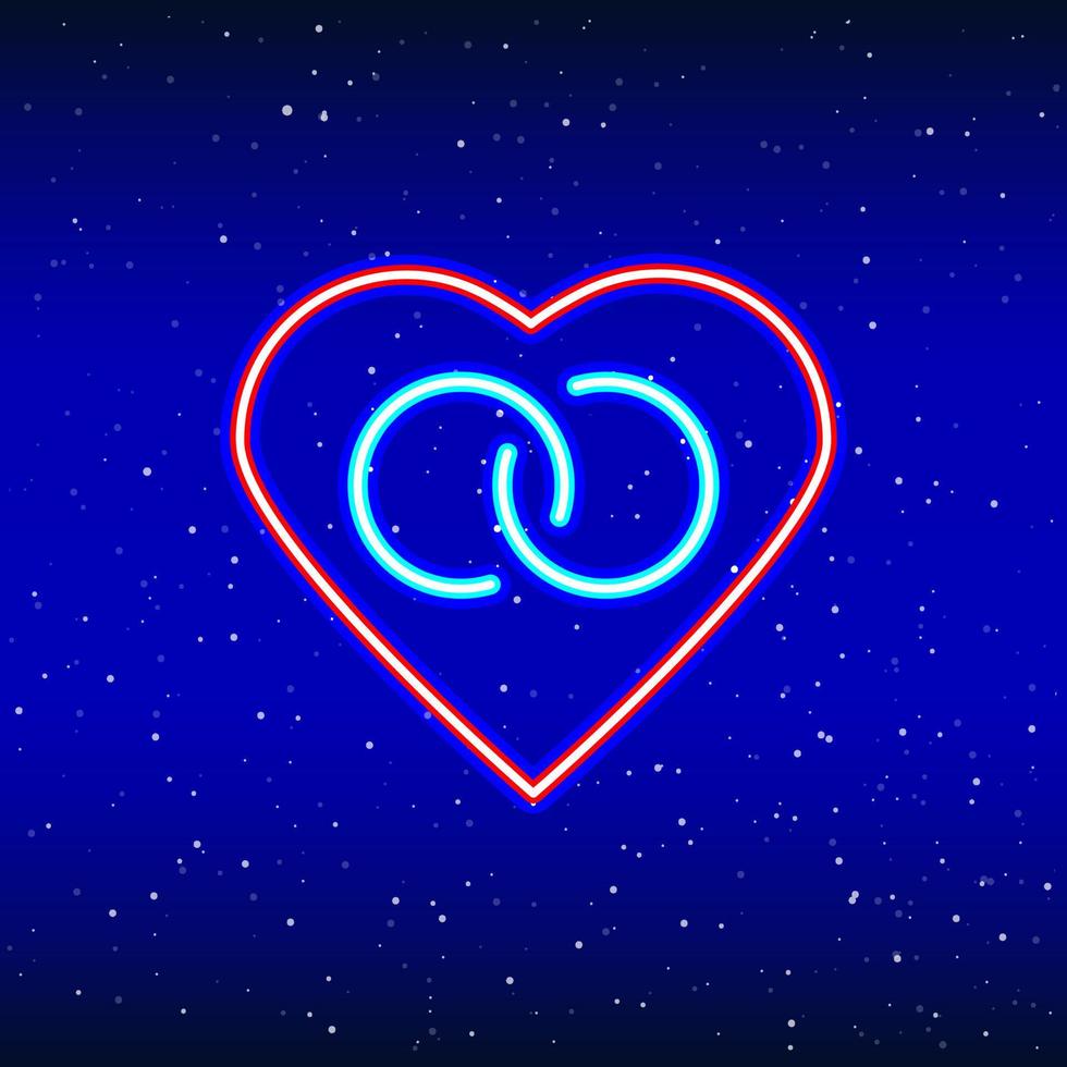 Rings inside neon heart. Backlit planet neon sign. Retro red neon heart sign. Romantic design for Happy Valentine's Day. Night light advertisement. Vector industry.