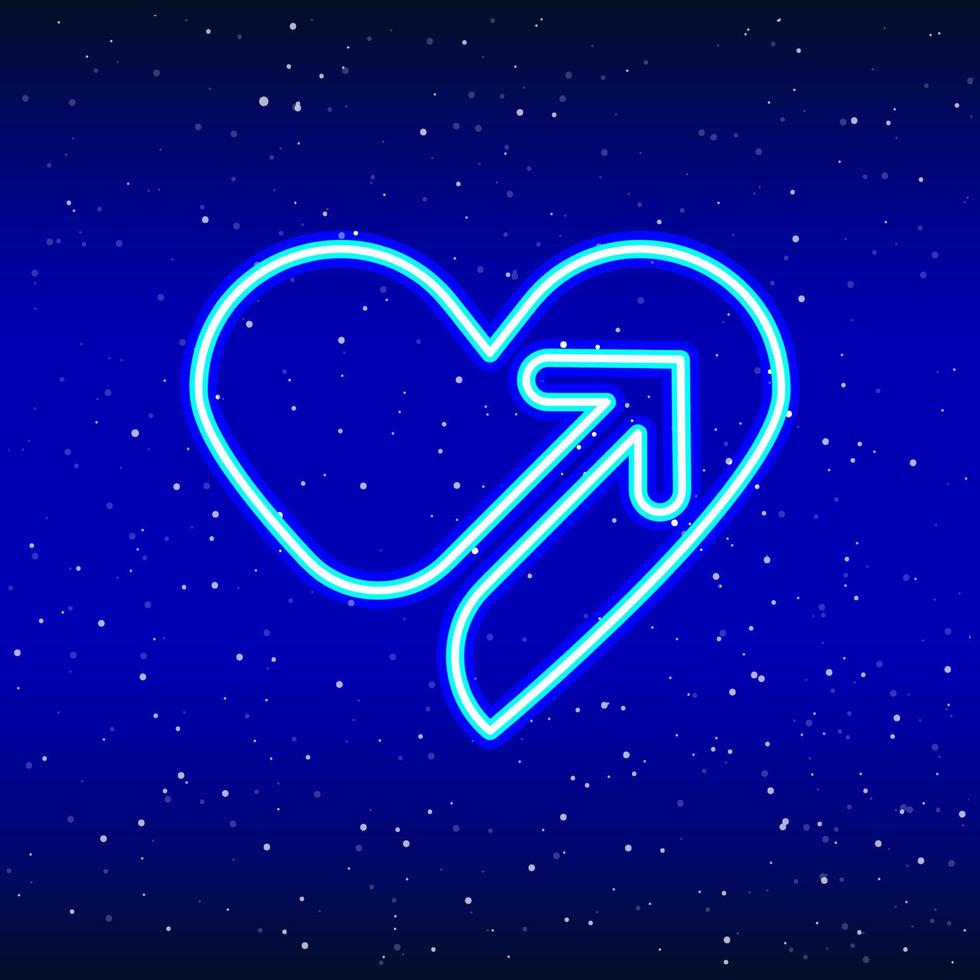 Neon arrow entering heart. Backlit planet neon sign. Retro red neon heart sign. Romantic design for Happy Valentine's Day. Night light advertisement. Vector industry.