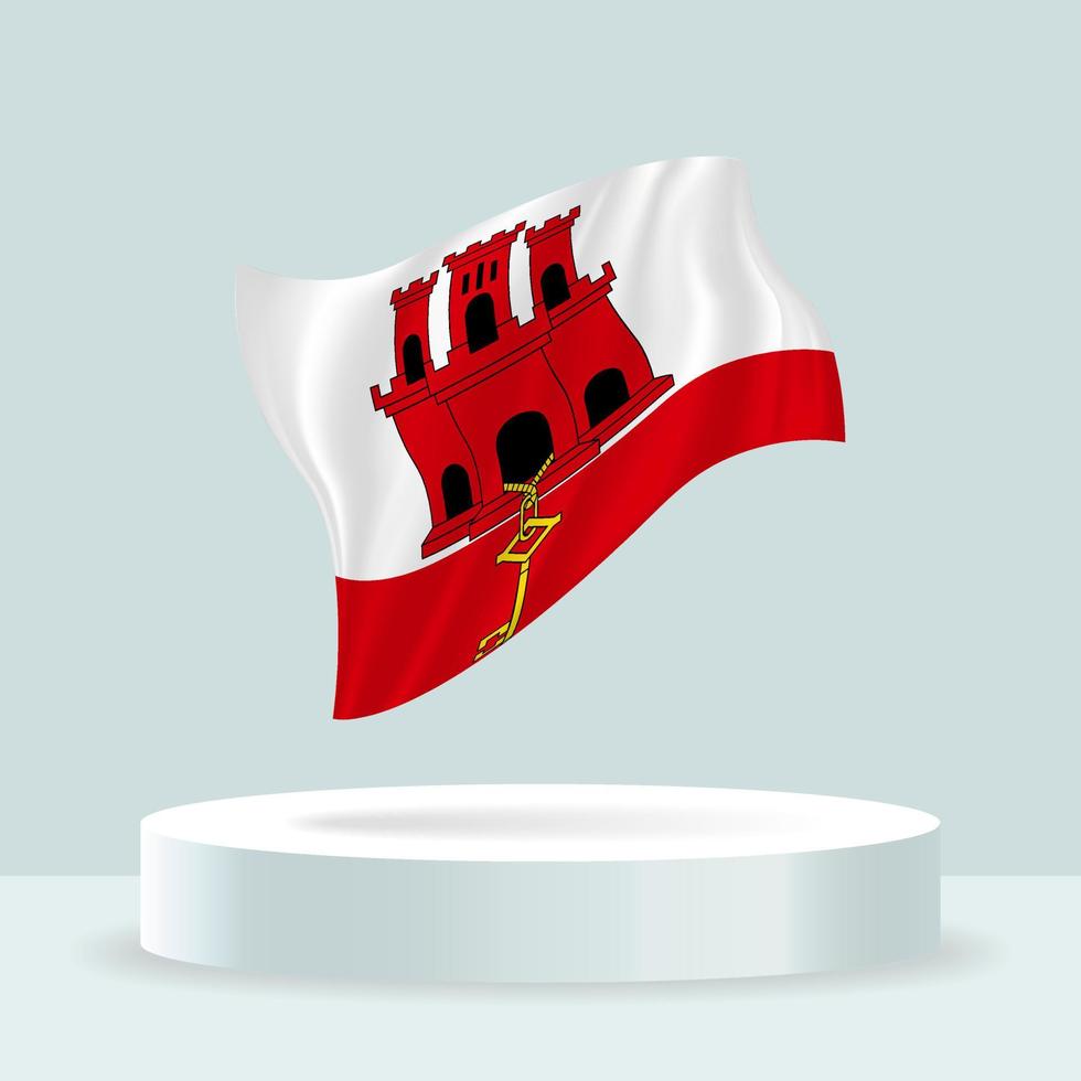 Gibraltar flag. 3d rendering of the flag displayed on the stand. Waving flag in modern pastel colors. Flag drawing, shading and color on separate layers, neatly in groups for easy editing. vector