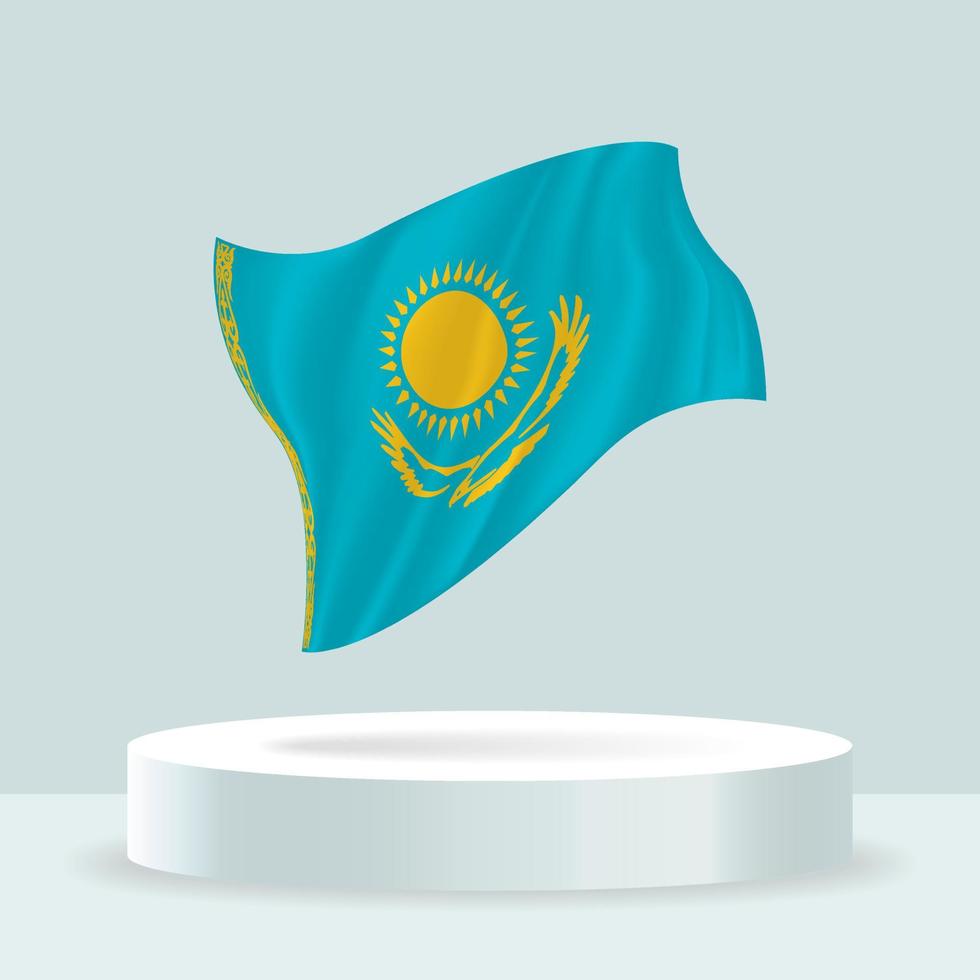 Kazakhstan flag. 3d rendering of the flag displayed on the stand. Waving flag in modern pastel colors. Flag drawing, shading and color on separate layers, neatly in groups for easy editing. vector