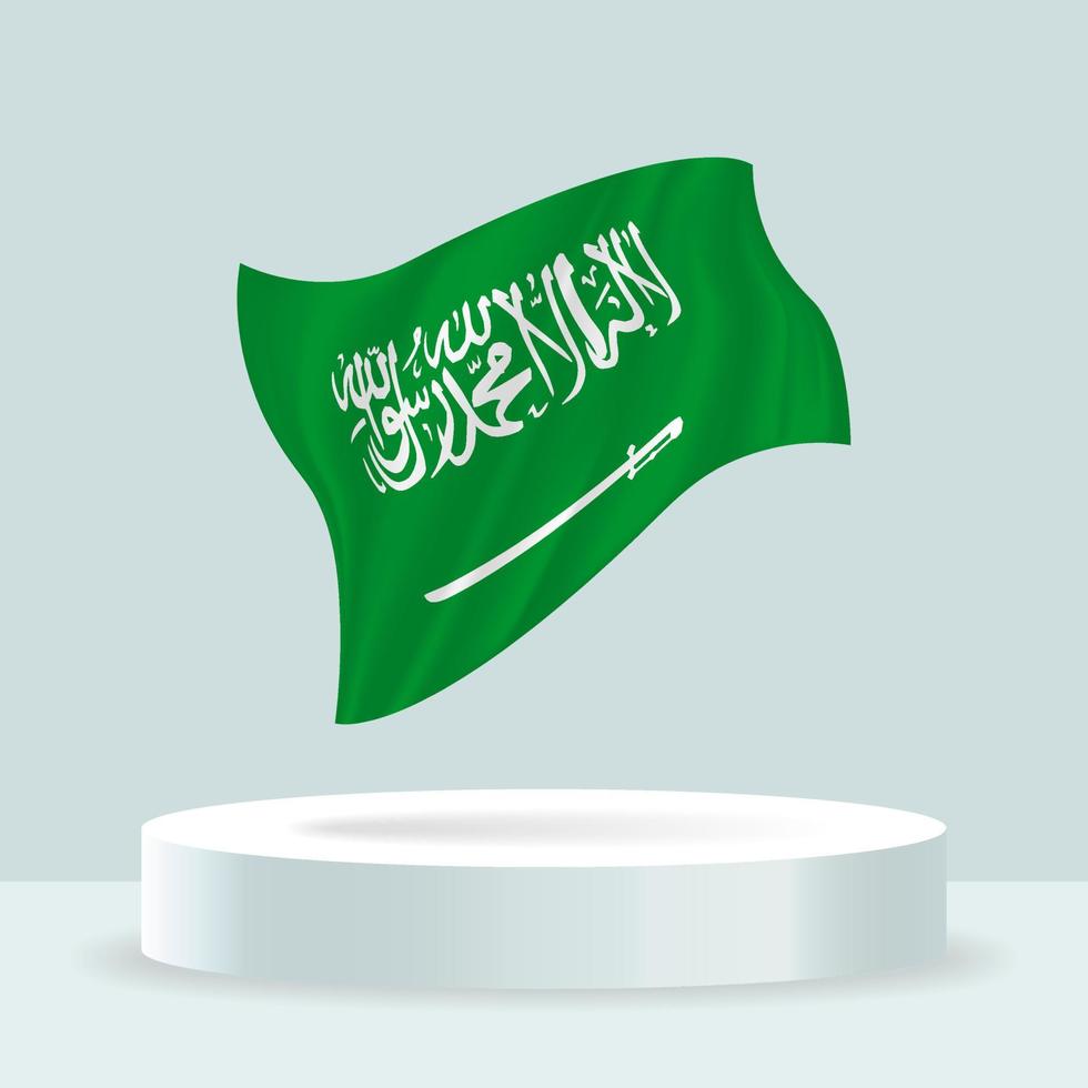 Saudi Arabia flag. 3d rendering of the flag displayed on the stand. Waving flag in modern pastel colors. Flag drawing, shading and color on separate layers, neatly in groups for easy editing. vector