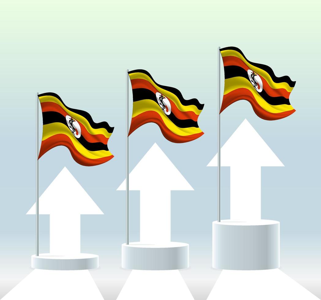 Uganda flag. The country is in an uptrend. Waving flagpole in modern pastel colors. Flag drawing, shading for easy editing. Banner template design. vector