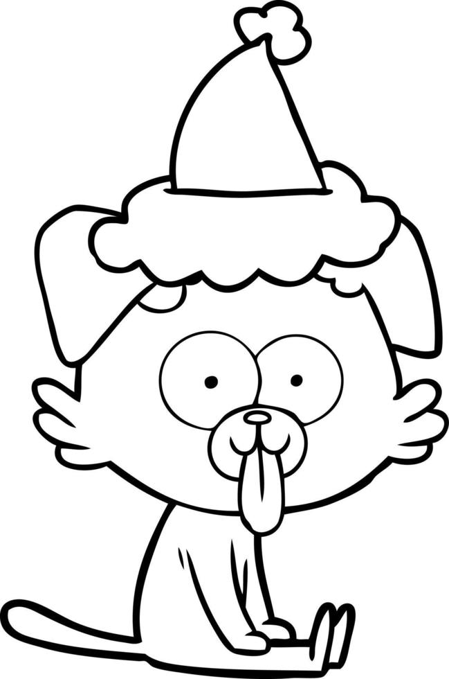 line drawing of a sitting dog with tongue sticking out wearing santa hat vector