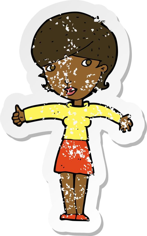 retro distressed sticker of a cartoon woman giving thumbs up symbol vector