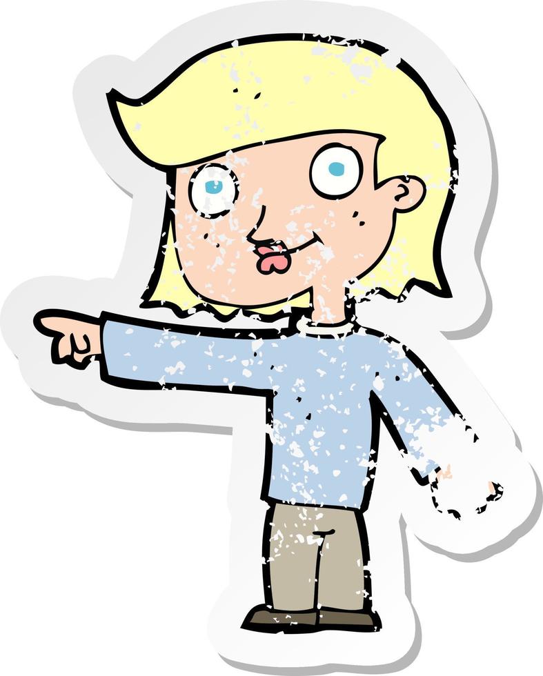 retro distressed sticker of a cartoon pointing person vector