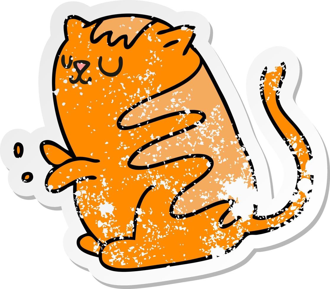 distressed sticker of a quirky hand drawn cartoon cat vector