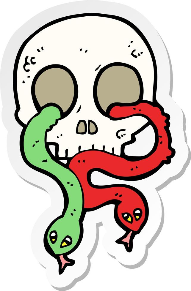 pegatina de una calavera de dibujos animados con serpientes vector