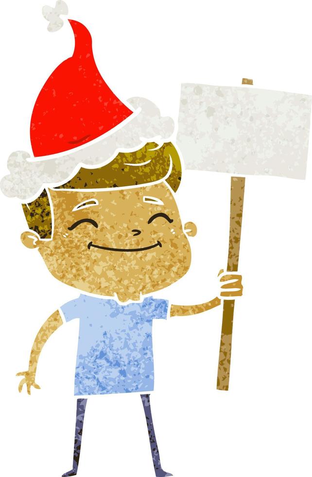 happy retro cartoon of a man with placard wearing santa hat vector