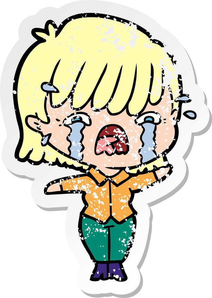 distressed sticker of a cartoon girl crying vector