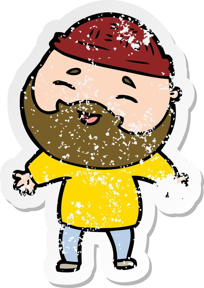 distressed sticker of a cartoon happy bearded man vector