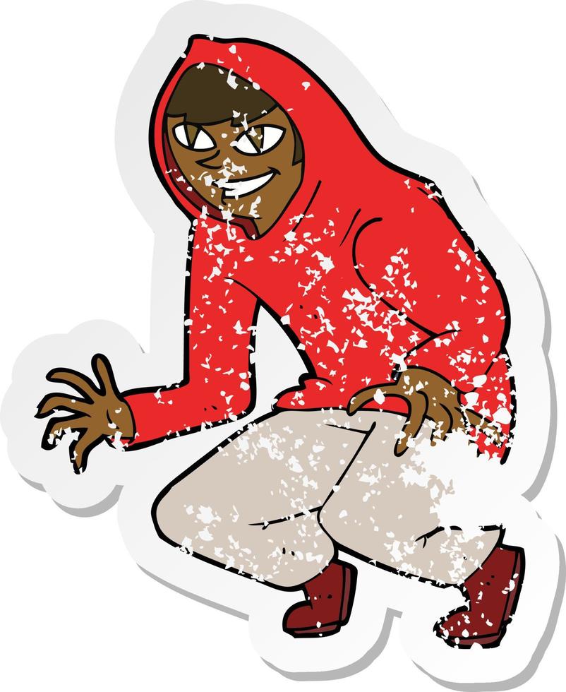 retro distressed sticker of a cartoon mischievous boy in hooded top vector