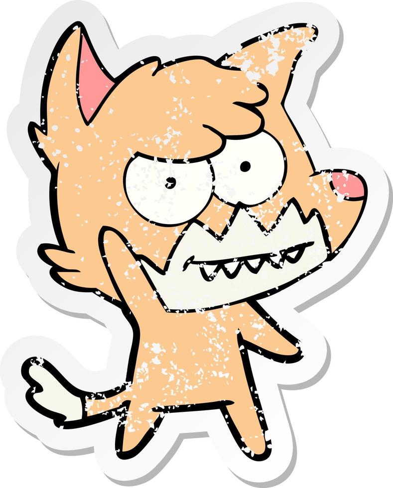 distressed sticker of a cartoon grinning fox vector