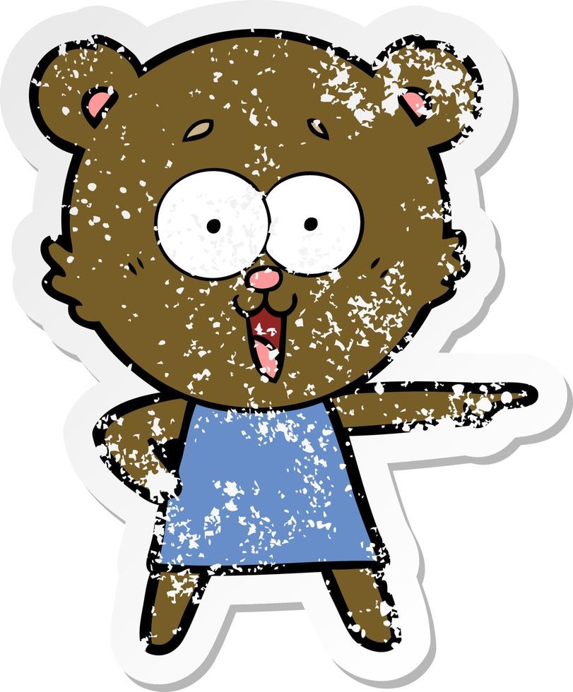 distressed sticker of a laughing pointing teddy bear cartoon vector