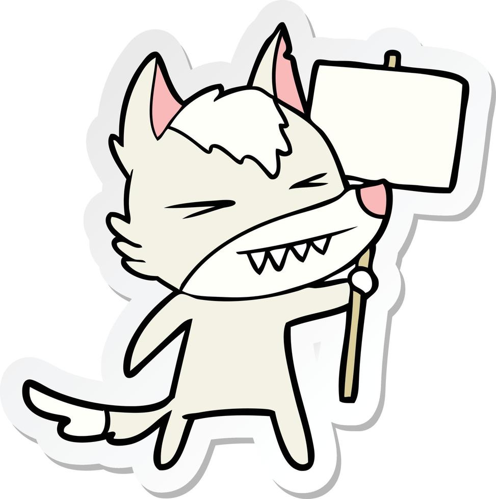 sticker of a angry wolf cartoon with placard vector