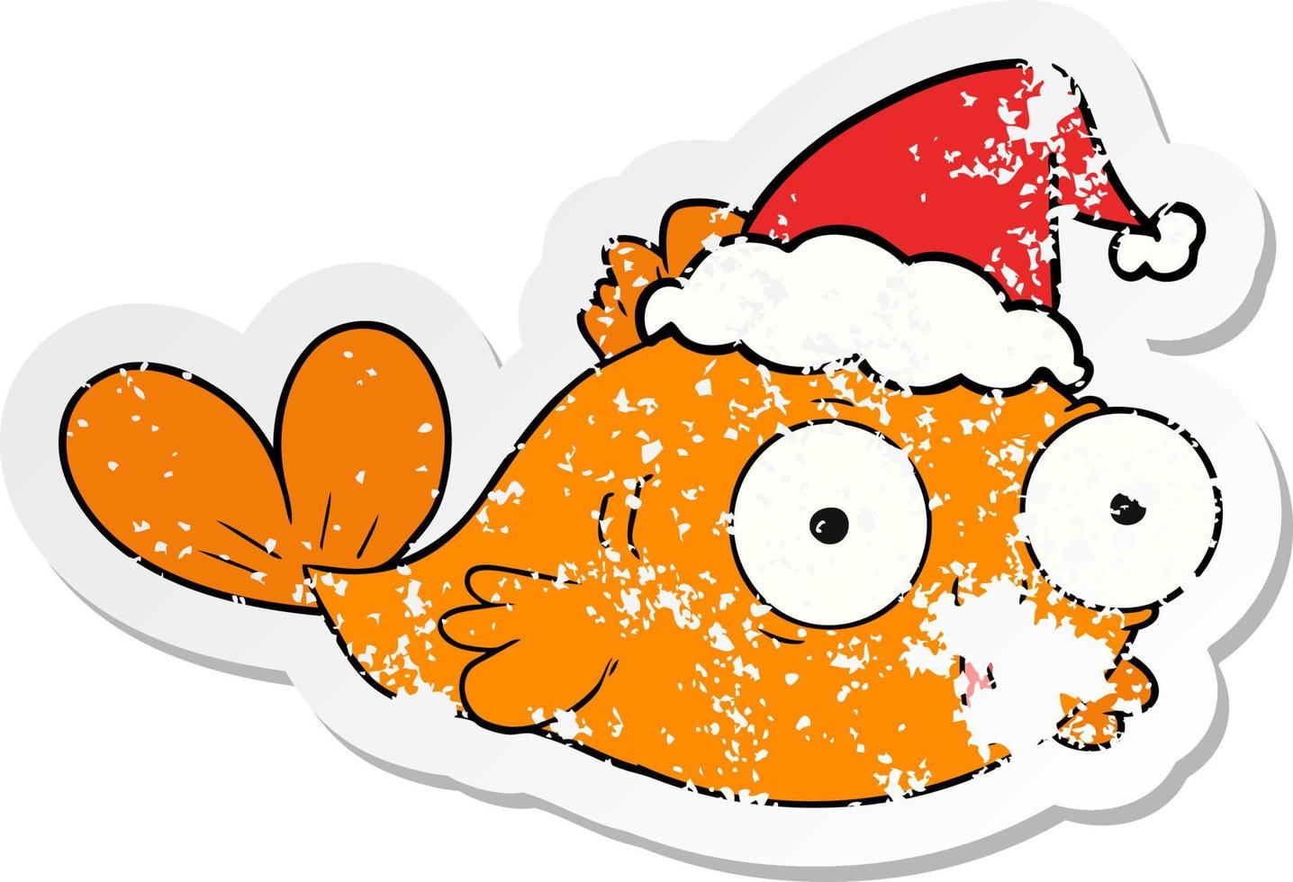 happy goldfish distressed sticker cartoon of a wearing santa hat vector