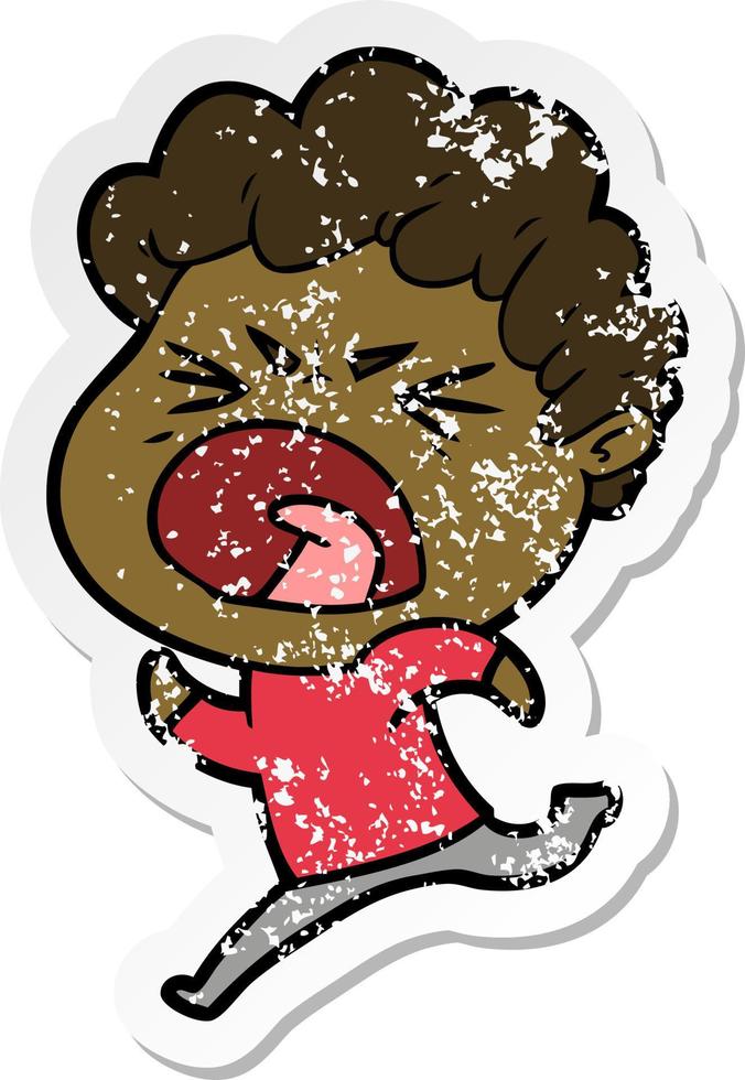 distressed sticker of a cartoon furious man vector
