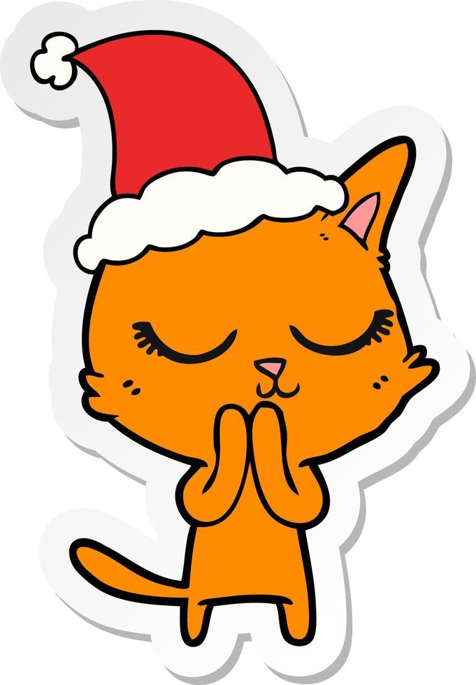 calm sticker cartoon of a cat wearing santa hat vector