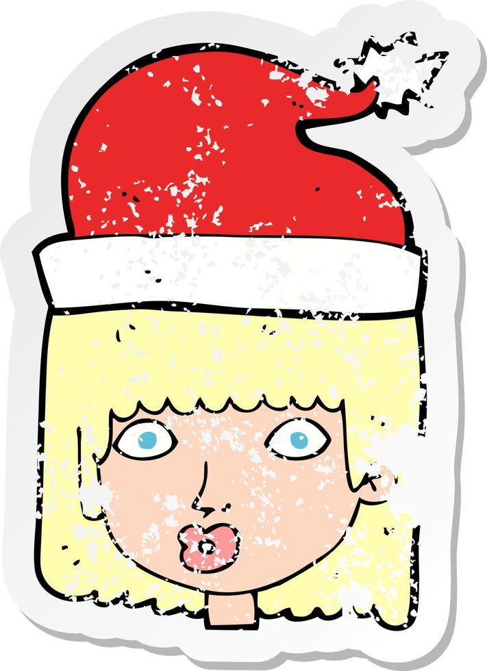 retro distressed sticker of a cartoon woman wearing santa hat vector