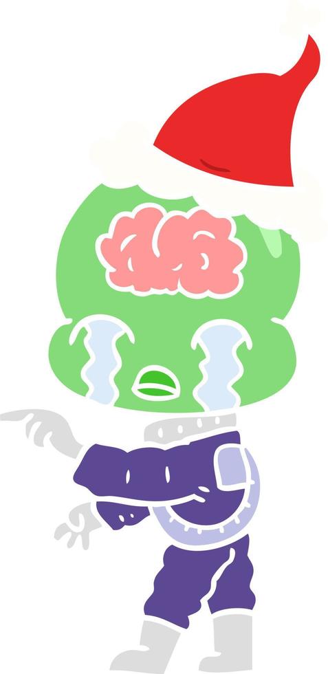 flat color illustration of a big brain alien crying and pointing wearing santa hat vector