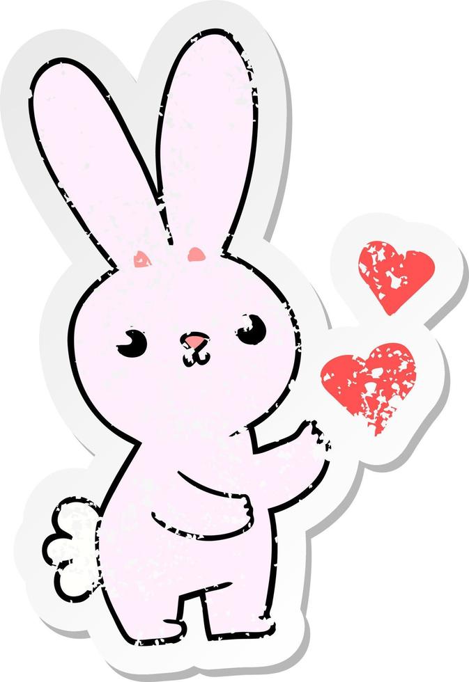 distressed sticker of a cute cartoon rabbit with love hearts vector