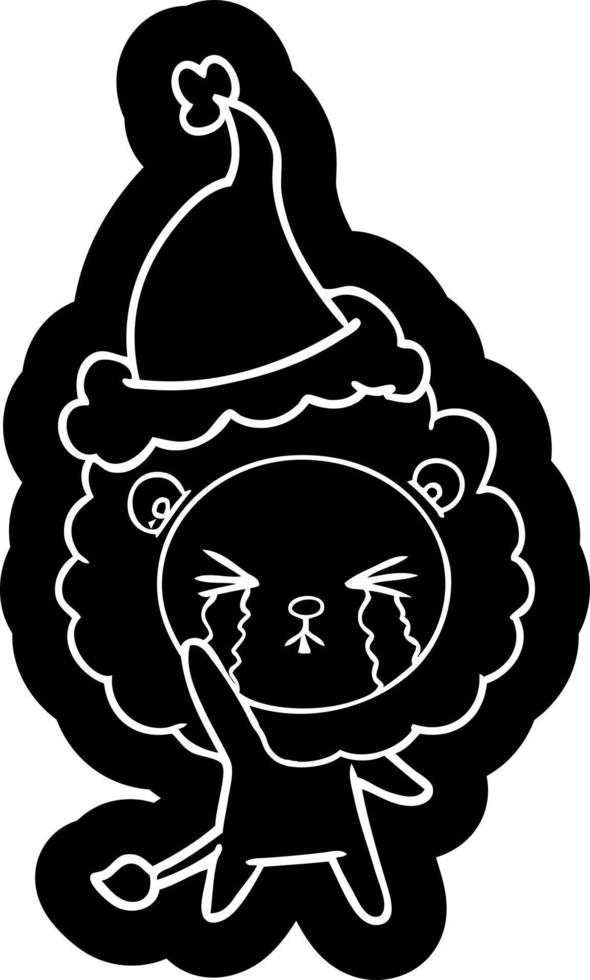 cartoon icon of a crying lion wearing santa hat vector