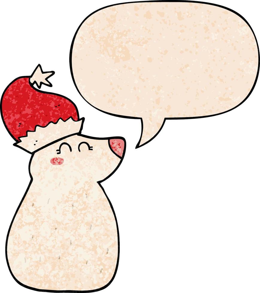 cartoon bear wearing christmas hat and speech bubble in retro texture style vector