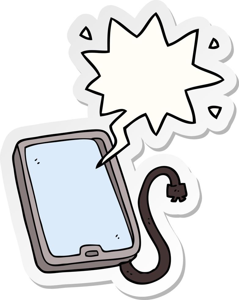 cartoon computer tablet and speech bubble sticker vector