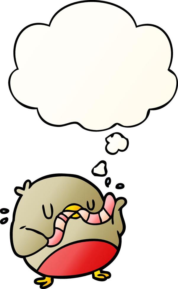 cartoon robin with worm and thought bubble in smooth gradient style vector