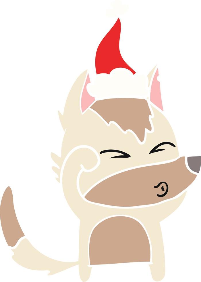 flat color illustration of a wolf pouting wearing santa hat vector