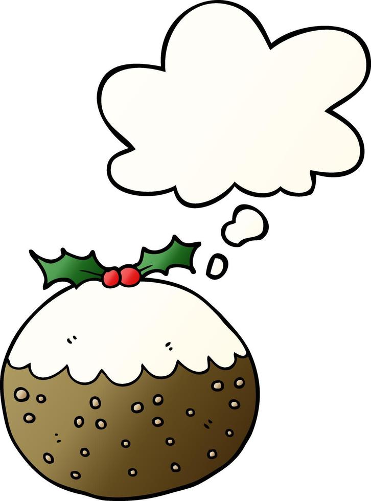 cartoon christmas pudding and thought bubble in smooth gradient style vector