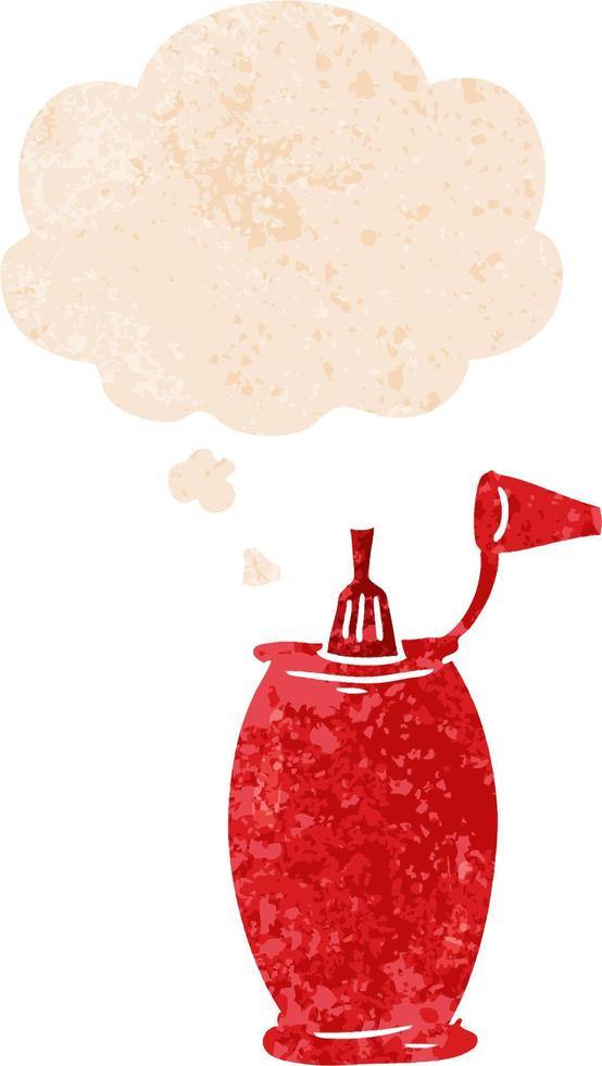 cartoon ketchup bottle and thought bubble in retro textured style vector