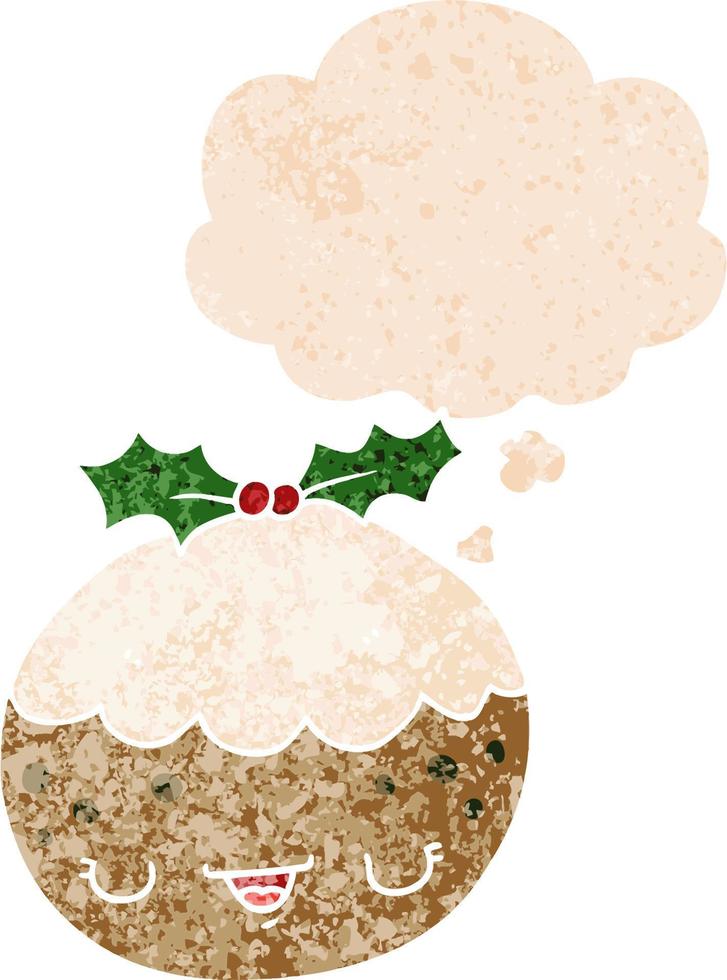 cute cartoon christmas pudding and thought bubble in retro textured style vector