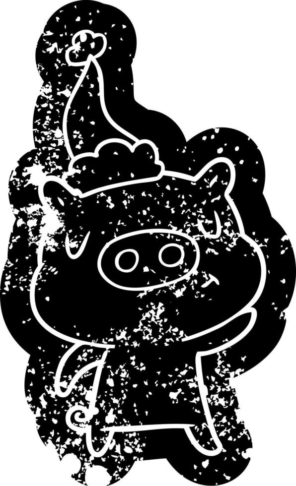 cartoon distressed icon of a content pig wearing santa hat vector