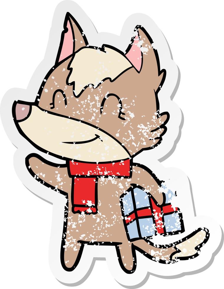 distressed sticker of a friendly cartoon wolf with present vector