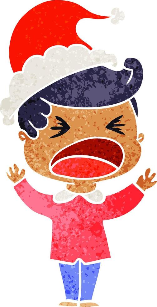 retro cartoon of a shouting man wearing santa hat vector
